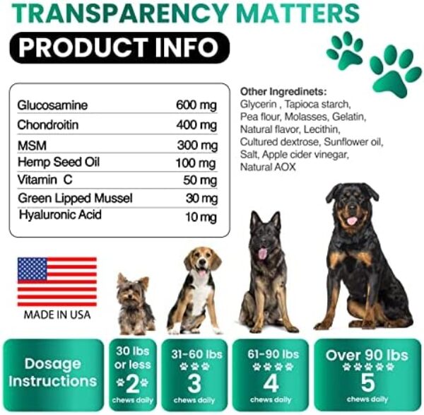 Hemp Hip and Joint Supplement for Dogs - Glucosamine for Dogs - 170 Dog Joint Pain Relief Treats - Chondroitin, MSM, Hemp Oil - Advanced Dog Joint Supplement Health - Mobility Support Chews