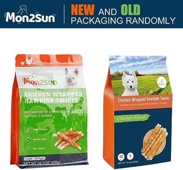 MON2SUN Dog Treats, 5 Inch Rawhide Twist Chicken Hide Sticks, Suitable for Puppy and Small Dogs, 5 Inch (Chicken, Pack of 40)