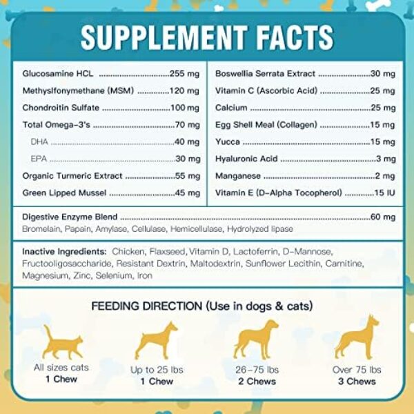 Glucosamine for Dogs, Hip and Joint Supplement for Dogs with Chicken Flavor, Anti Inflammatory, Dog's Chondroitin, Digestive Enzymes, Omega-3, Vitamin D, MSM, Calcium, Turmeric, 120 Freeze-Dried Chew