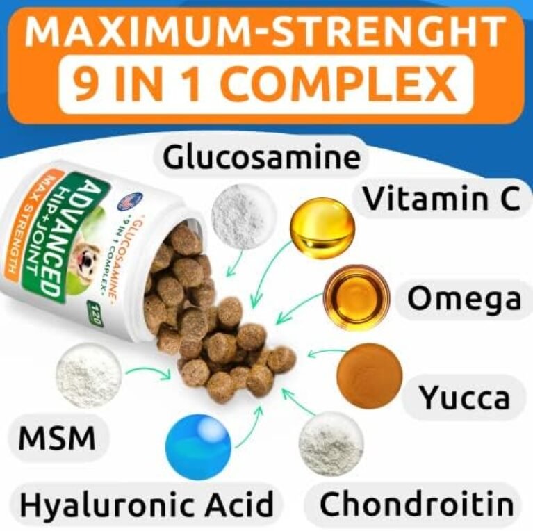 51HjsO6HoCL._AC_.jpg Glucosamine Dog Treats - Senior Advanced Joint Health w/Chondroitin, Omega-3 - Old Dog Joint Pain Relief Supplement - Hip & Joint Care - Made in USA - Bacon Flavor - 120 Soft Chews