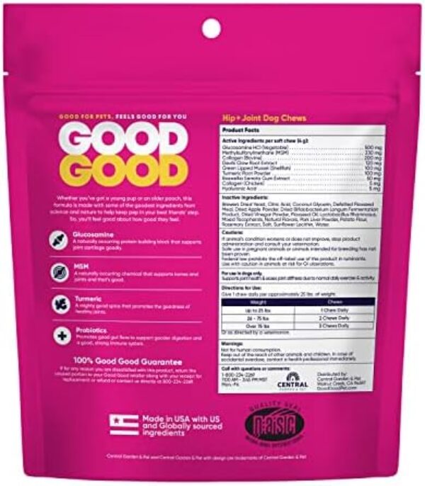 GoodGood Hip + Joint Dog Supplements; Supports Healthy Hips and Joints, Flexibility, and Mobility; Chewable Soft Treats with Glucosamine, MSM, and Turmeric; Probiotics; 90 Natural Flavor Chews