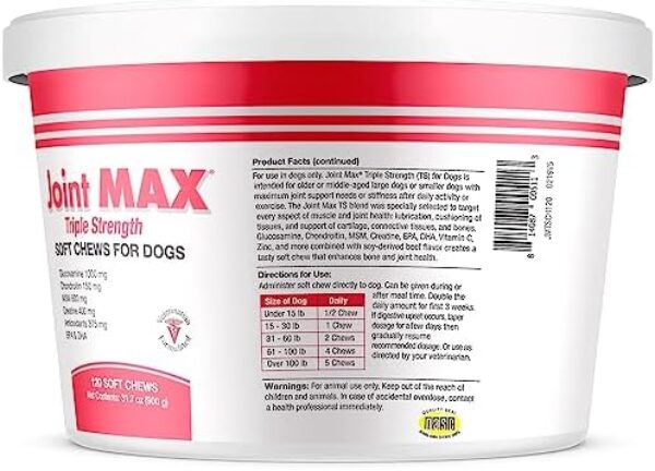 PHS Joint MAX Triple Strength (TS) Soft Chews for Dogs - Glucosamine, Chondroitin, MSM, Turmeric, Omega 3 - Hip and Joint Pain Relief and Support for Dogs - Made in USA - 120 Soft Chews