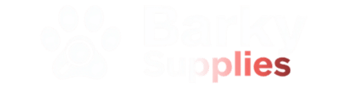 Barky Supplies logo with black text and dog magnifying glass icon on white background
