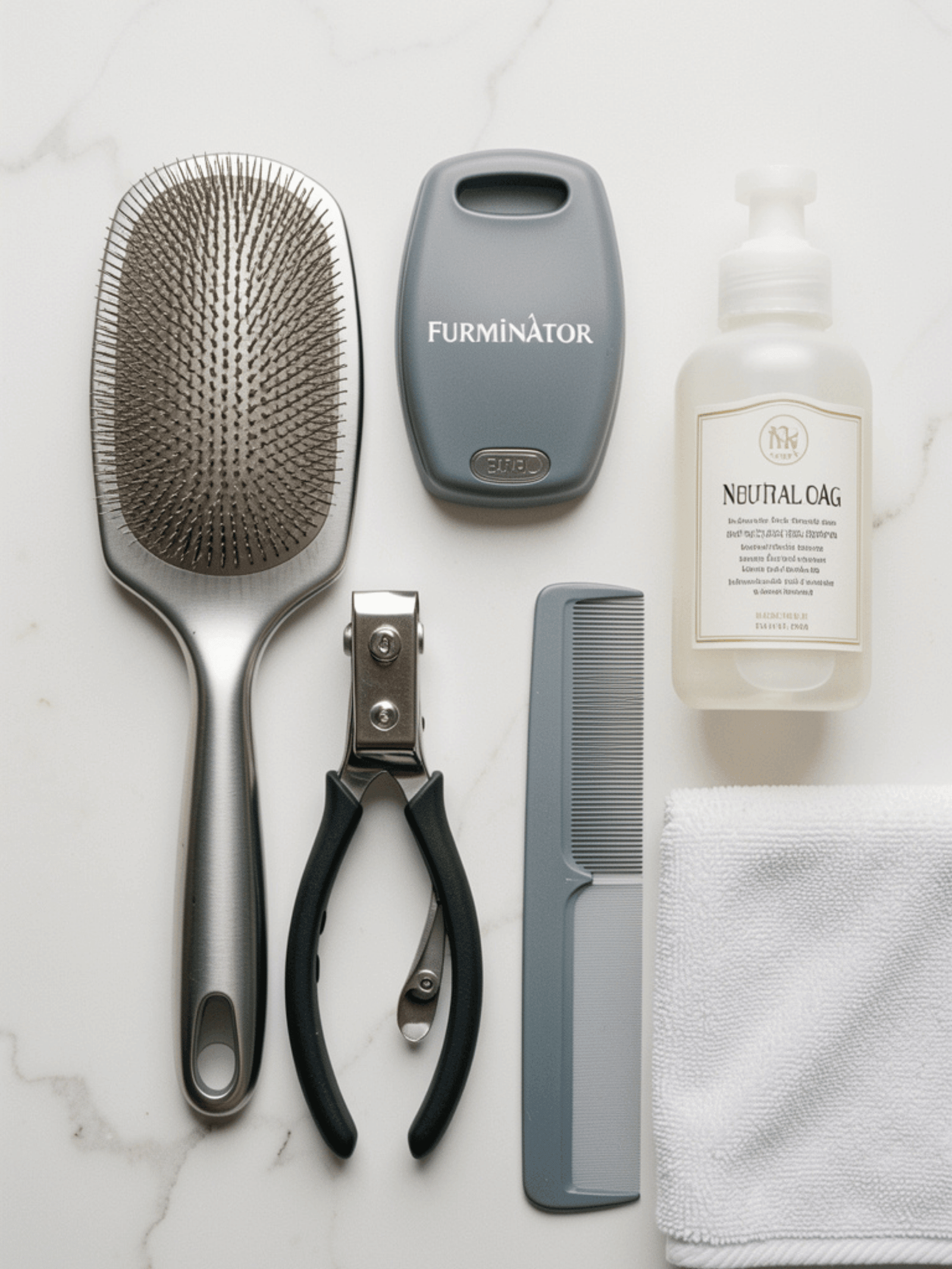 Professional dog grooming tools arranged on white marble surface including slicker brush, deshedding tool, nail clippers, shampoo bottle, comb, and towel ا