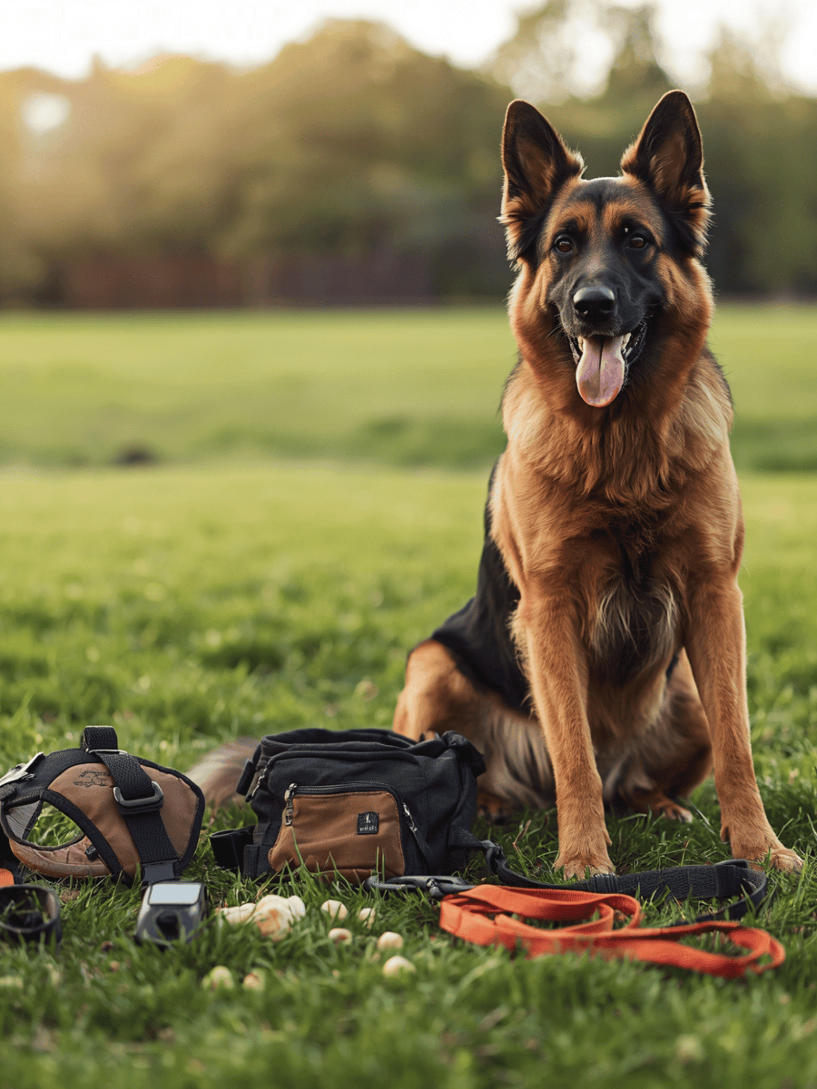 Well-trained German Shepherd sitting calmly next to dog training gear including padded harness, clicker, treat pouch, leash, and treats on grassy field